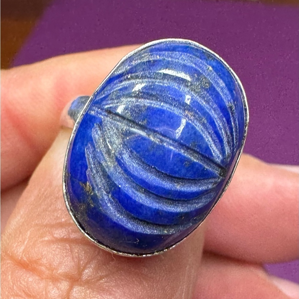 Carved Natural Lapis Lazuli 925 Silver Plated Gemstone Ring US 6.5